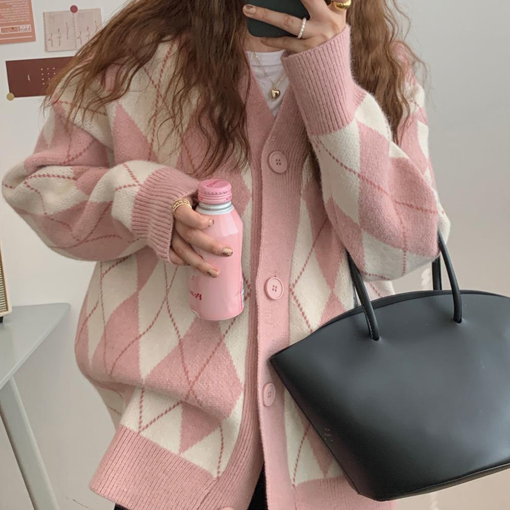 Japanese Academy Diamond Pattern Loose Knit Cardigan - Women's Slimming Color Block Sweater
