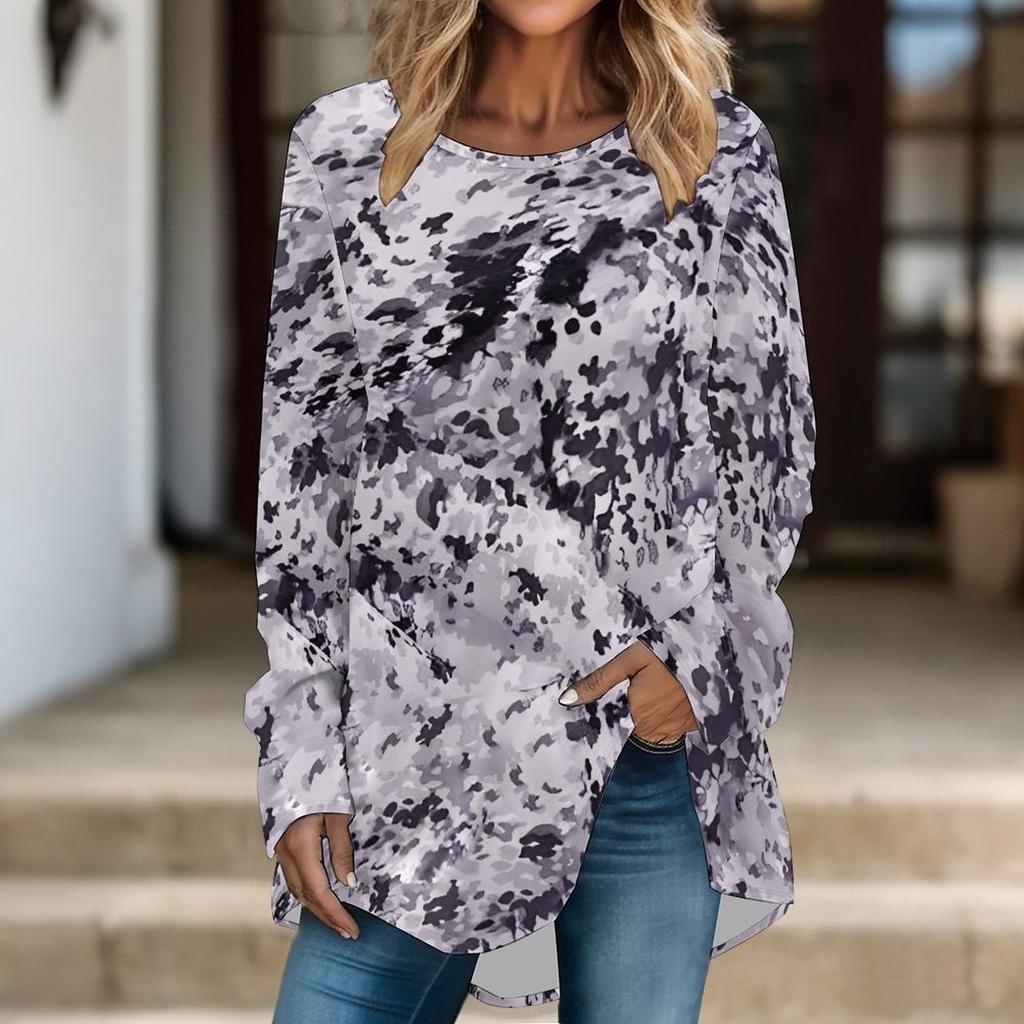Women Long Sleeve Tunic Top Print Crew Neck Loose Fit Blouse With Pockets Casual Daily Wear Ladies Tops