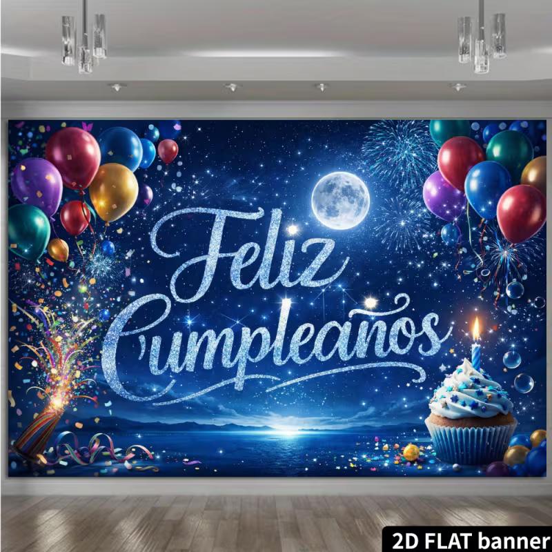 Spanish Birthday Party Tapestry, "Feliz Cumpleaños" with Moonlight Ocean and Cupcake for Fiesta Celebration