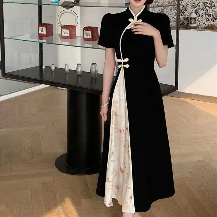 Noua cataramă cu disc în stil chinezesc, rochie cheongsam îmbunătățită cu mâneci scurte, talie retro de vară, fustă subțire și lungă