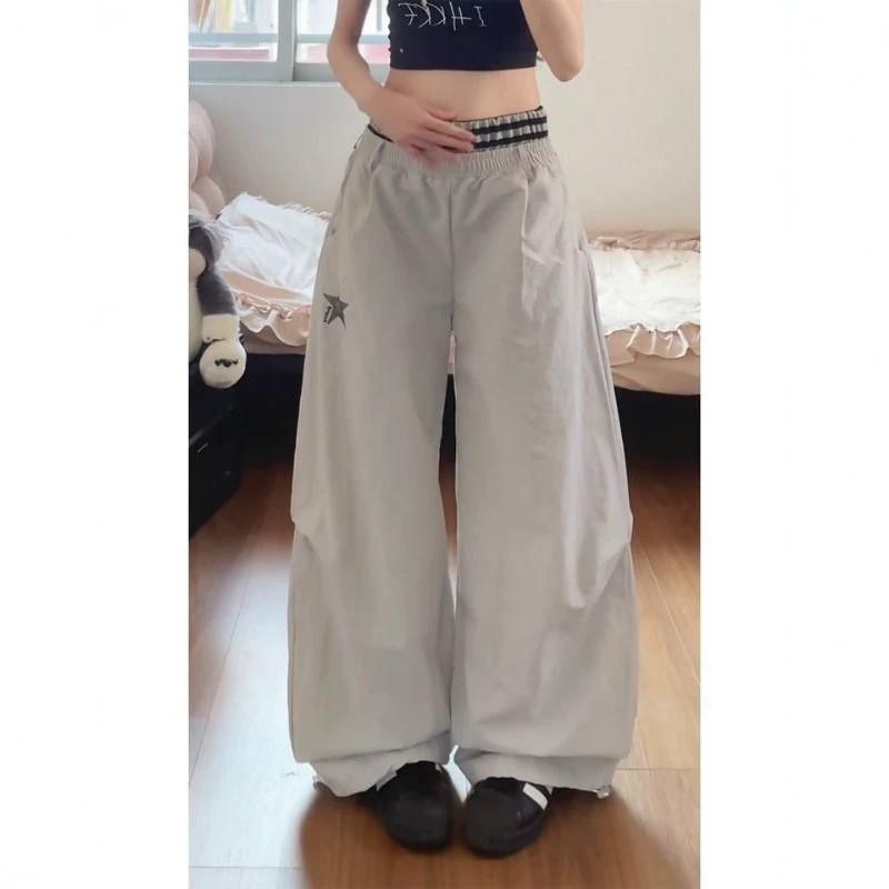 Womens Loose Wide-Leg Cargo Pants With Star Embroidery Elastic Waist Quick-Dry Lightweight