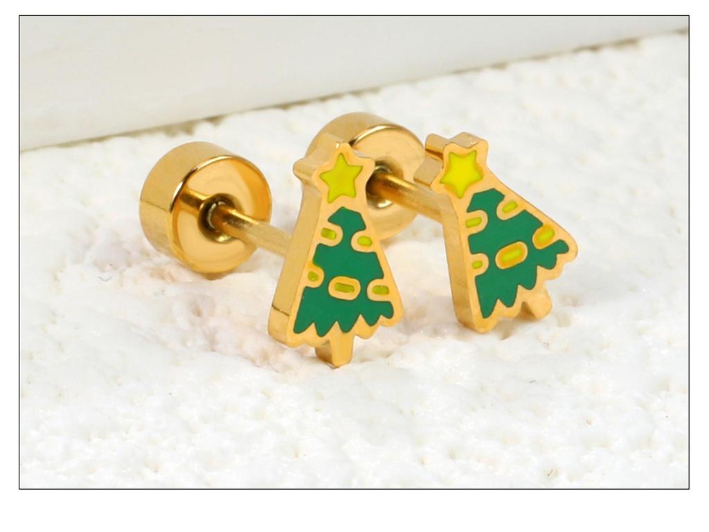 European and American Christmas Star, Tree, and Bell Stainless Steel Screw-Back Earrings for Women