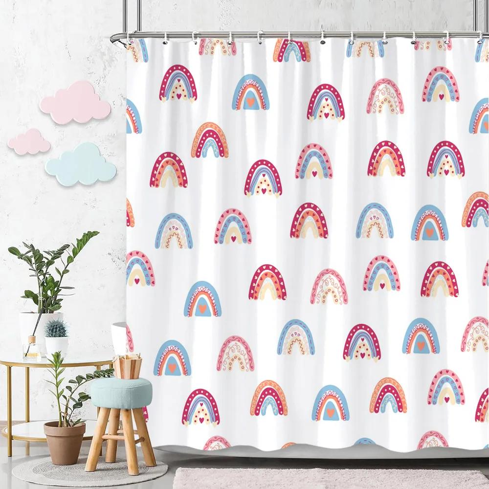 Rainbow Shower Curtain Colourful Cute Bohemian Abstract Print Kids Shower Curtain Polyester Fabric Art Bathroom Decor With Hooks