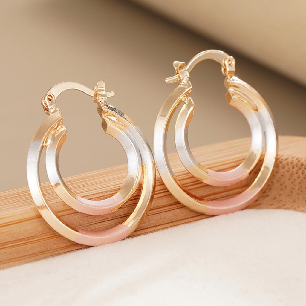 Double Layer Two Tone Hoop Earrings for Women Stylish Three Tone Round Circle Earrings Fashion Daily Party Jewelry