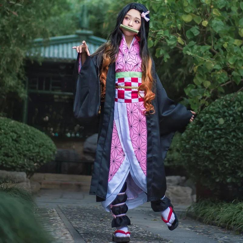 Ysir Anime Nezuko Cosplay Costume Kimono Devil Hunter Kamado Nezuko Costume Wig Womens Girls Kimono Uniform Clothes