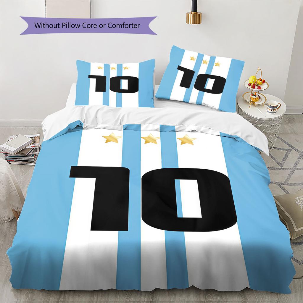 Lenjerie de pat cu model Lionel Messi, Set cu cuvertură, Husă cuvertură, Față de pernă, Cadou de casă de ziua de naștere(1 * husă de pilotă + 2 * fețe de pernă, fără miez)