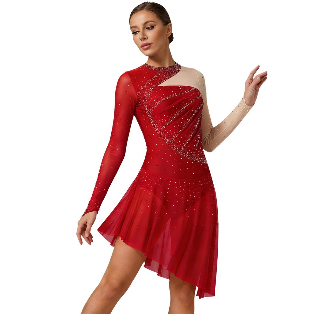 Women's Gymnastics Figure Skating Bodysuit S-XXL: Rhinestone Color Block Mesh Long Sleeve Chest Pleats Jumpsuit with Buttoned Crotch