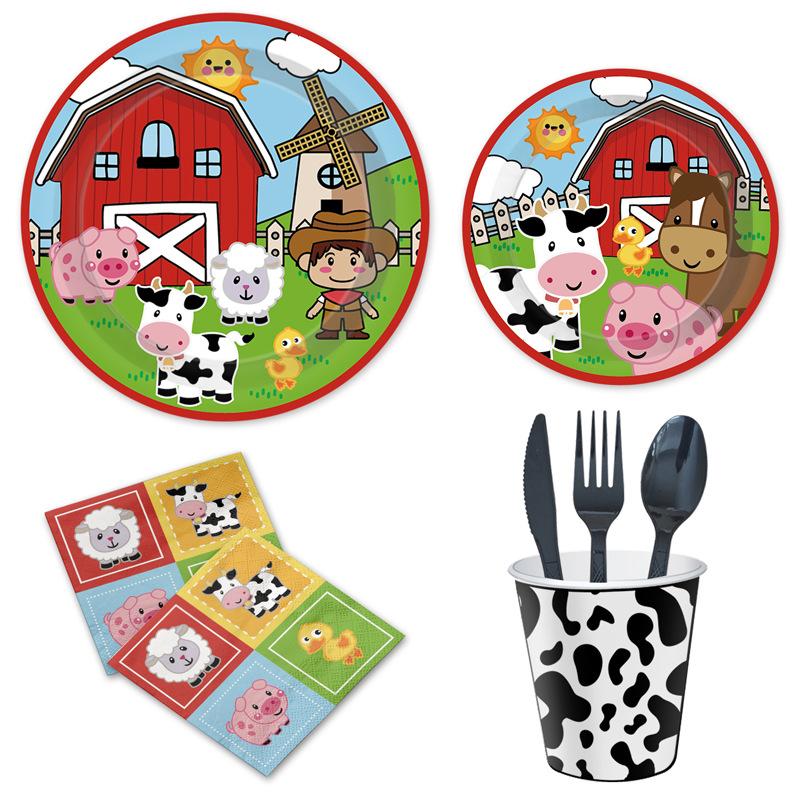 Cartoon Farm Ranch Cows Animals Children'S Birthday Party Cutlery Paper Plates Paper Cups Tissue Tablecloths Party Supplies