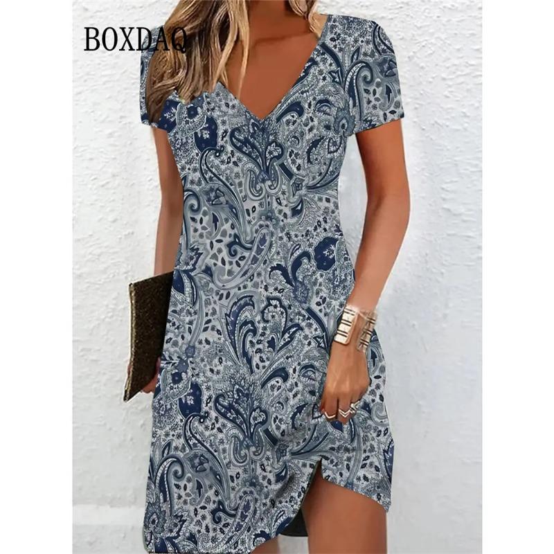 Vintage Women Midi Dresses For Ethnic Style Floral Print Loose Dress Plus Size Casual Short Sleeve Pullover V-Neck Dress