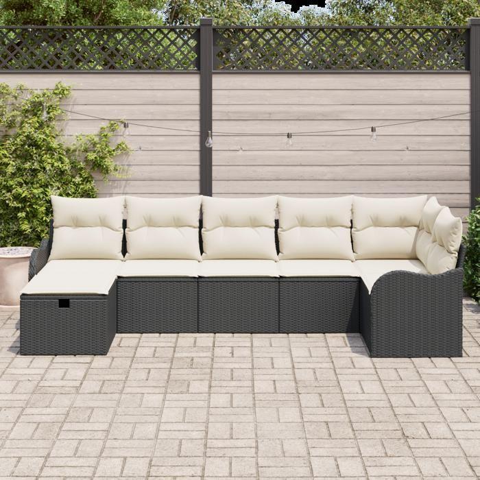 Ensemble de canapé de jardin 7 pièces noir poly rattan avec coussins, Canapé de jardin 2 places noir poly rattan avec 3358996