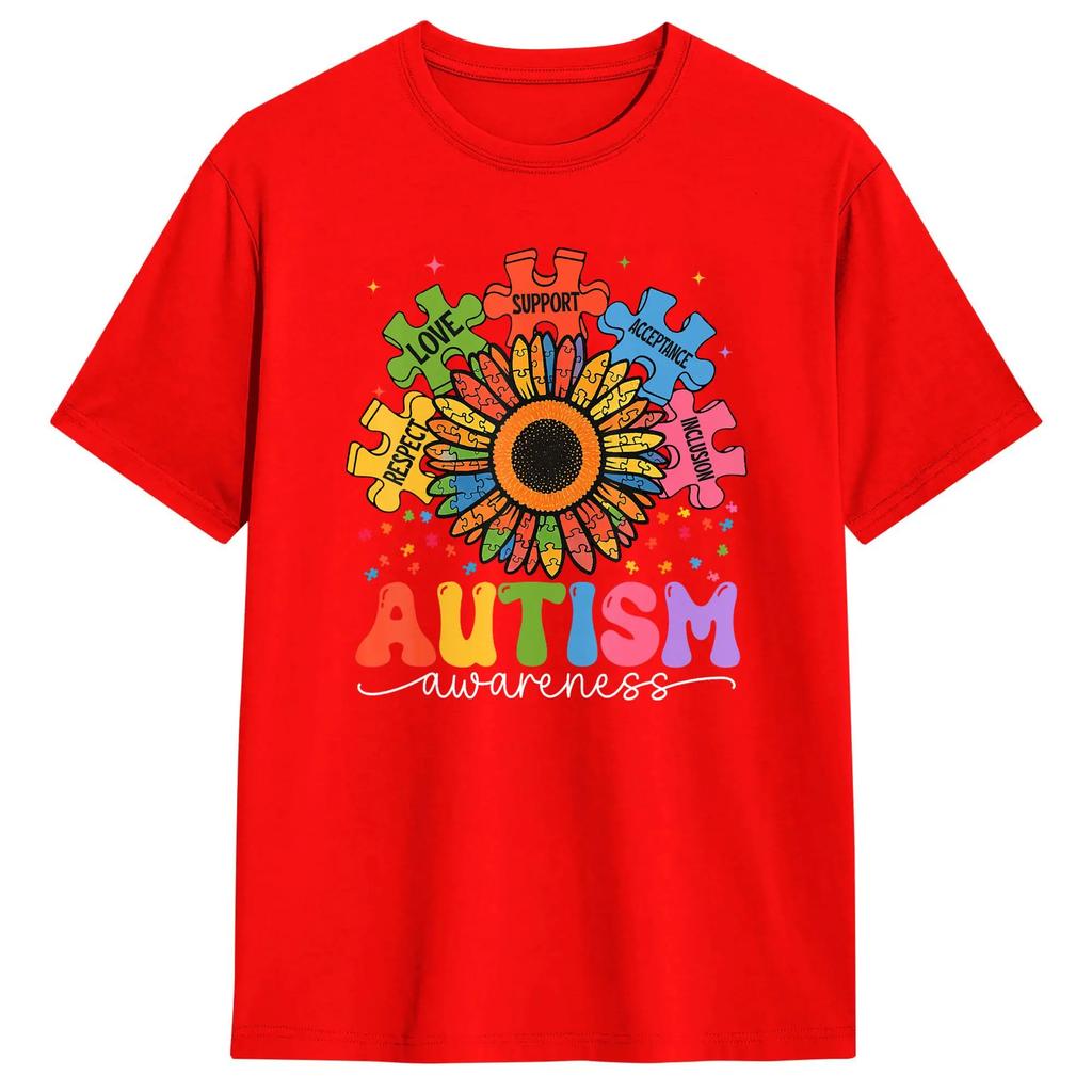 Sunflower Puzzle Respect Love Support Autism T Shirt For Couple Summer T Shirts O Neck Fashion Tees Plus Size Wholesale Clothing
