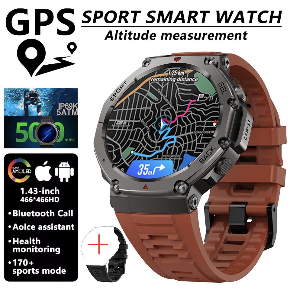 HD Uhren Eingebaute Dual-Band GPS Smartwatch Herren Smartwatch Kompass Höhenmesser Barometrisch 5ATM IP69K Wasserdicht AMOLED