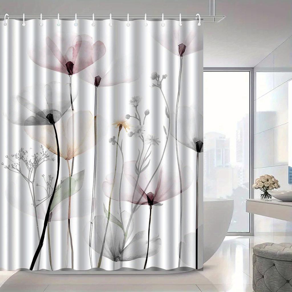 Elegant Watercolor Floral Shower Curtain with Soft Pastel Flowers and Delicate Stems for a Serene, Nature-Inspired Bathroom