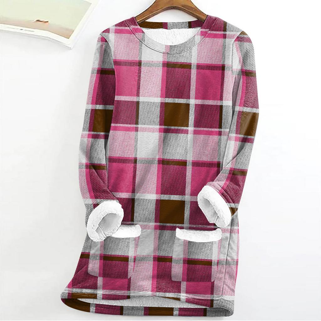 Women's Fashion Plaid Print Round Neck Long Sleeve Plush Winter Warm Pullover Top