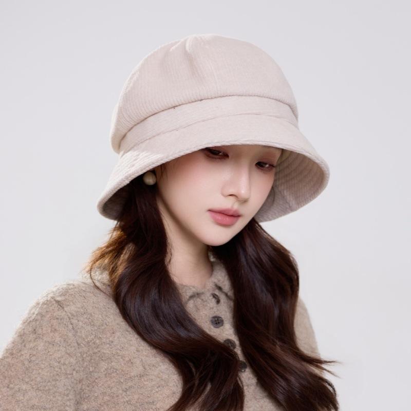 Spot fashion versatile autumn and winter retro corduroy bucket hat thickened warm face small button basin hat