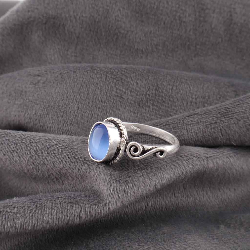 Dark Blue Cat's Eye Gemstone Ring, 925 Solid Sterling Silver Jewelry, Handmade Designer Ring Gift For Sister