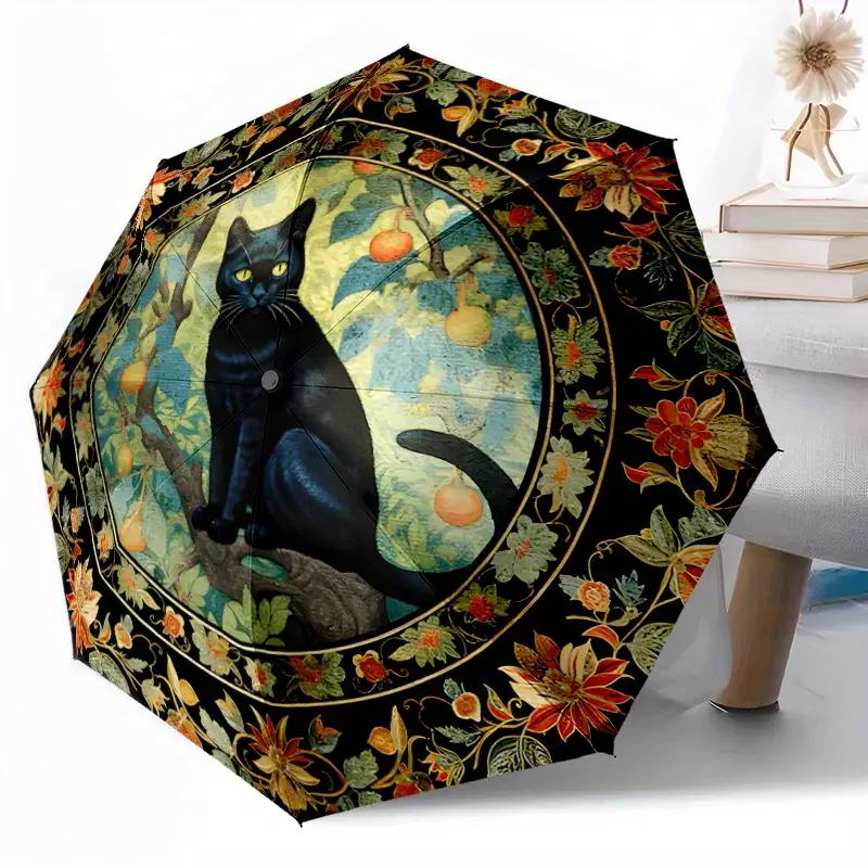 

Gothic Black Cat & Floral Automatic Umbrella - 8-Rib Durable Fabric, Self-Opening Portable Travel Umbrella with Sturdy Frame D (as the picture,Iron&8K)