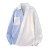 Men's Plus Size Loose Fit Striped Patchwork Asymmetric Casual Shirt for Spring and Fall