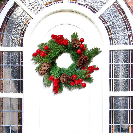 Christmas Candle Ring Wreath Artificial Red Berry Pinecone Pine Needles Candle Wreaths Small Tabletop Candle Holder for Home Party Fireplace Decor