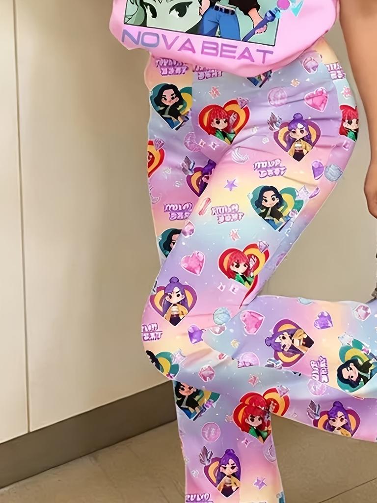 Kpop Three Girls' Group Anime Girl Print Short-Sleeve T-Shirt and Flared Pants 2-Piece Set