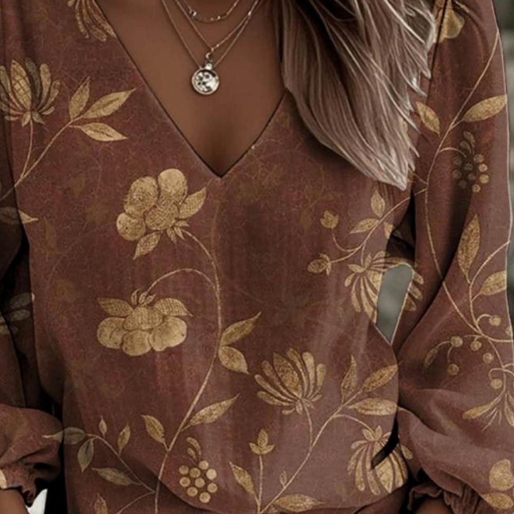 Women's Retro Bohemian Casual Fashion Floral Print V-Neck Long-Sleeved Shirt with Female Lantern Sleeves Design Long-Sleeved Shirt Elegant Top