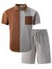 Men's American Summer Plaid Color Block Pocket Shirt & Shorts Casual Set