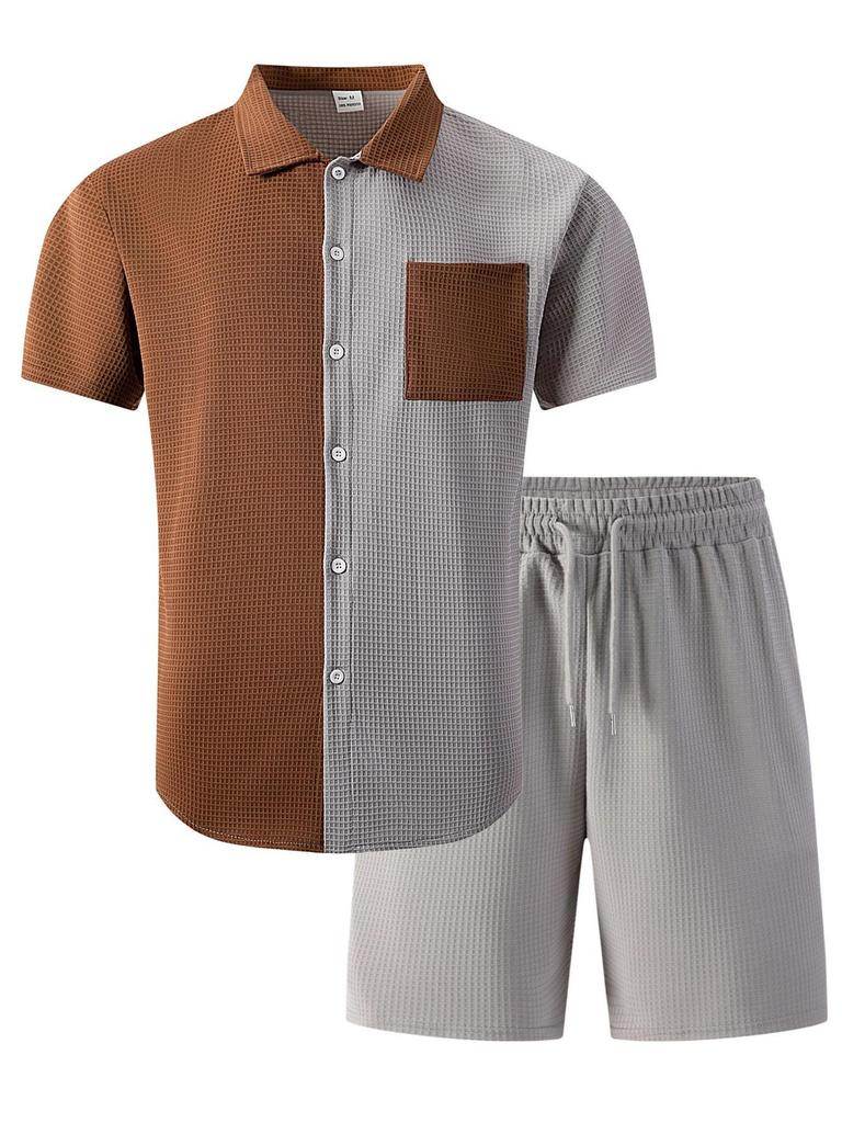Men's American Summer Plaid Color Block Pocket Shirt & Shorts Casual Set