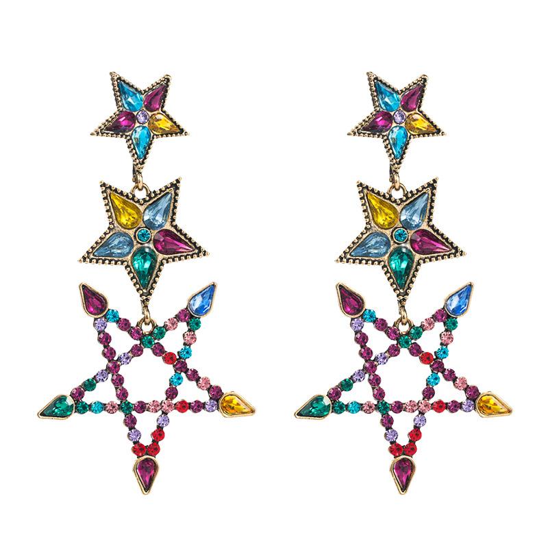 Women's Drop Alloy Strar Hollow Inlaid Color Crystal Geometric Creative Temperament High Quality Earrings