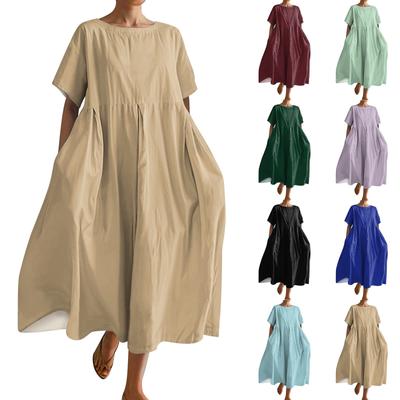 Vestido feminino elegante de cor sólida com decote redondo e manga curta com bainha solta e bolso