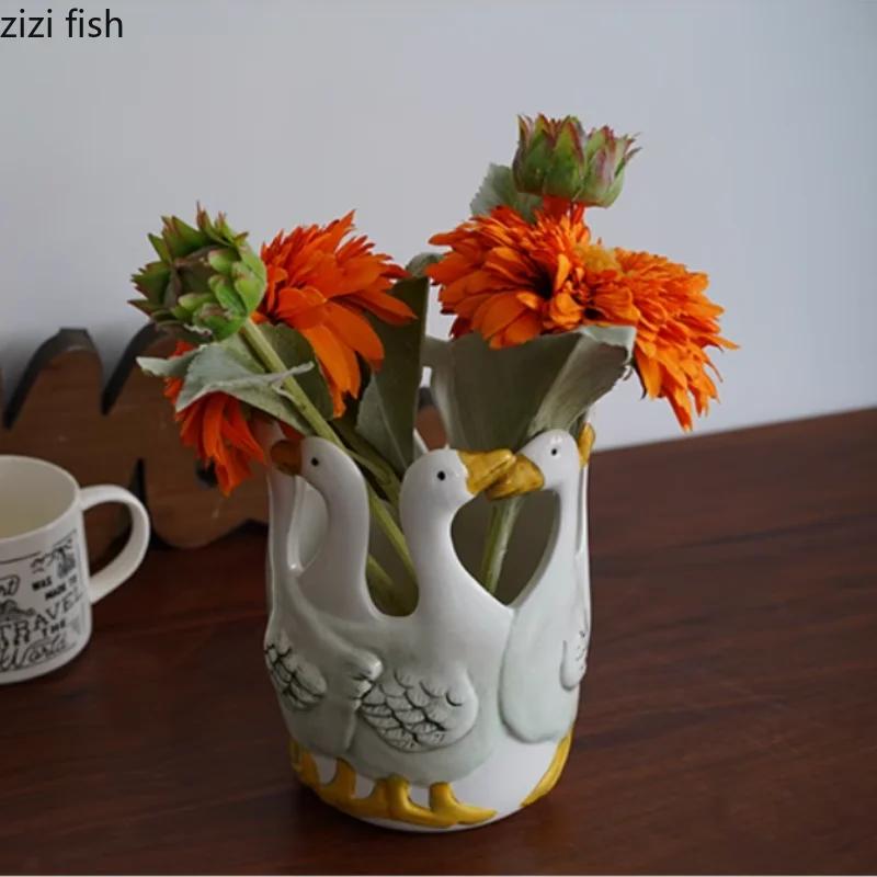 Handgezeichnete Entenform Keramikvase Tier Blumentopf Haus Blumenarrangement Blumengefäße Trockenblumenvase Hydroponische Vasen