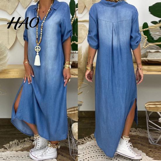 Abito Lungo in Denim Estivo Vintage da Donna con Scollo a V, Maniche a Tre Quarti, Orlo con Spacchi Laterali, Ampio