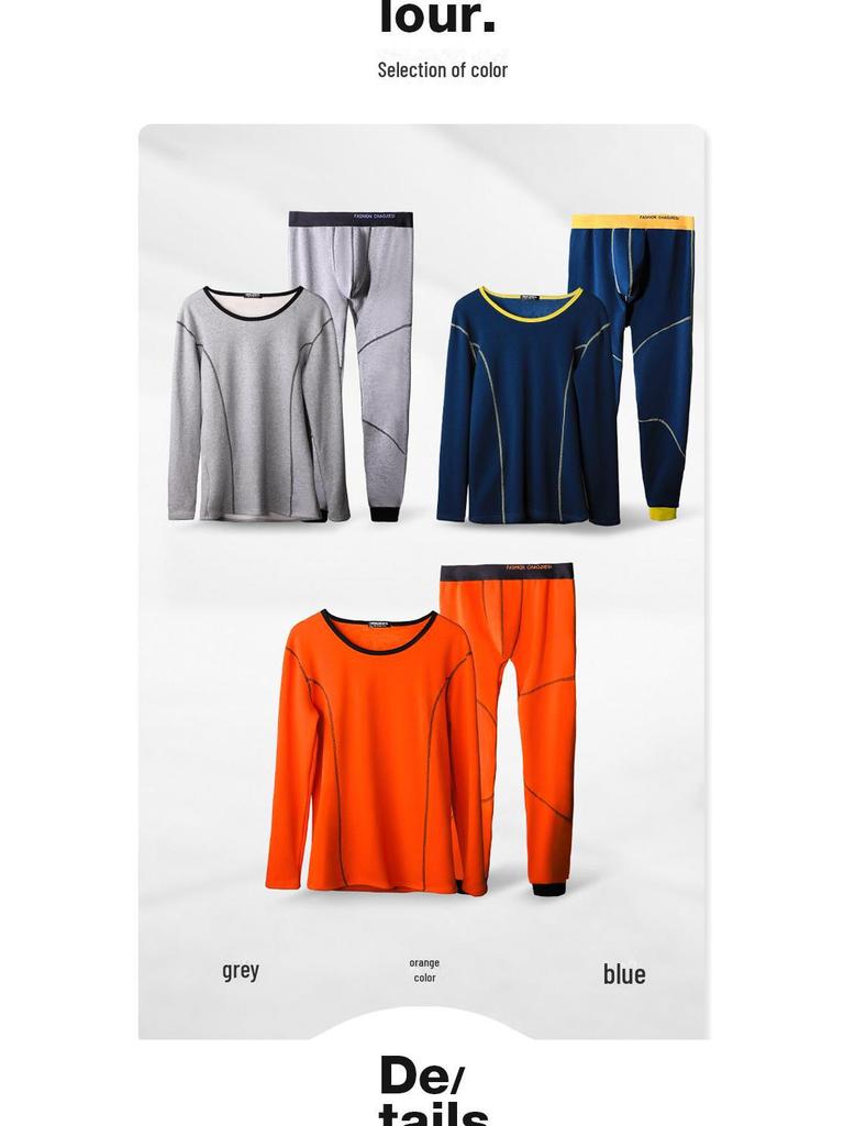 Pánská bavlněná termoprádlová souprava - Kulatý výstřih, Plyšová podšívka, Pohodlná zimní základní vrstva top a spodky.