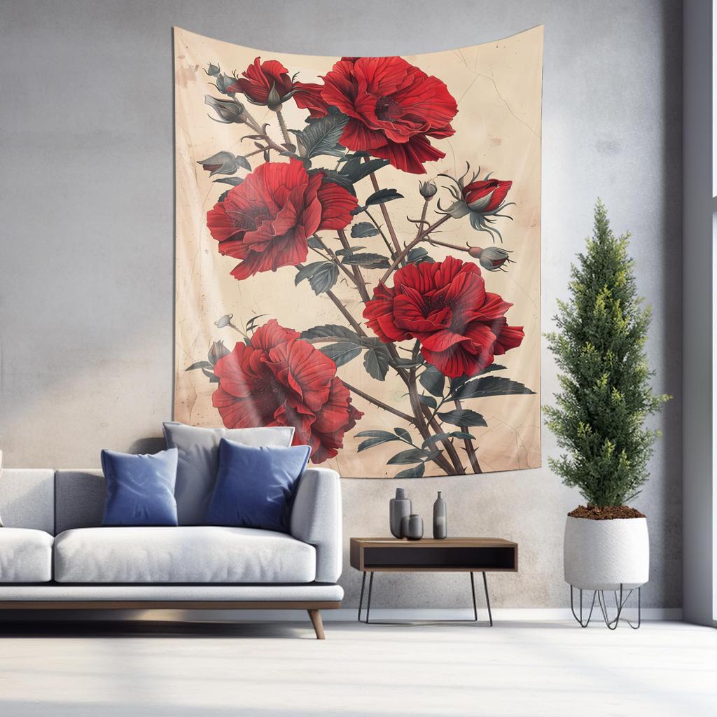Vintage Botanical Print Red Flower Tapestry Elegant Living Room Decor Art