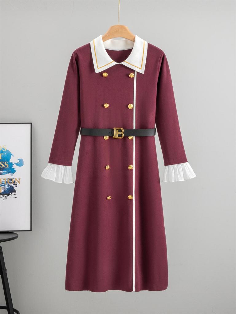 Autumn 2025 Fragrant Style Lapel Flared Sleeve Knitted Midi Dress