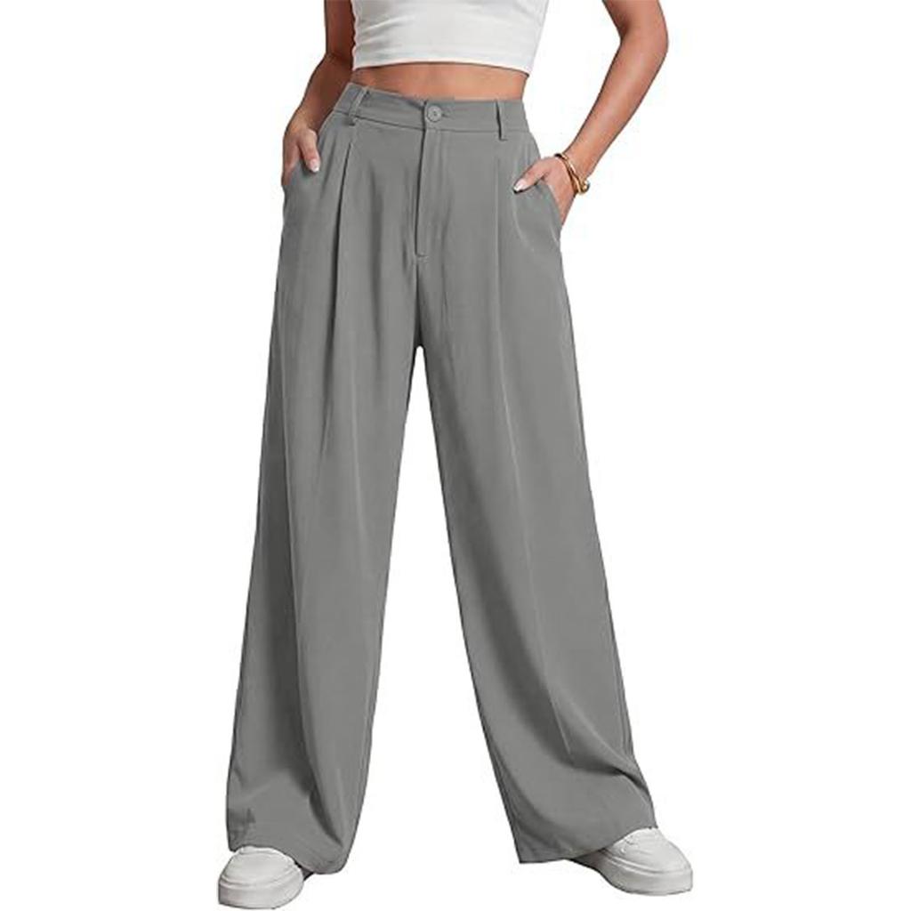 Women Loose Fit Casual Suit Pants High Waist Long Trousers Wide Leg Relaxed Style with Button and Zipper Closure for Daily Wear