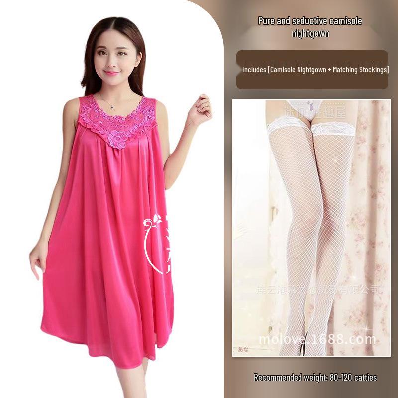 Cămașă de noapte Milian Mărimi Mari din Dantelă - Lenjerie de Noapte Coreeană fără Mâneci