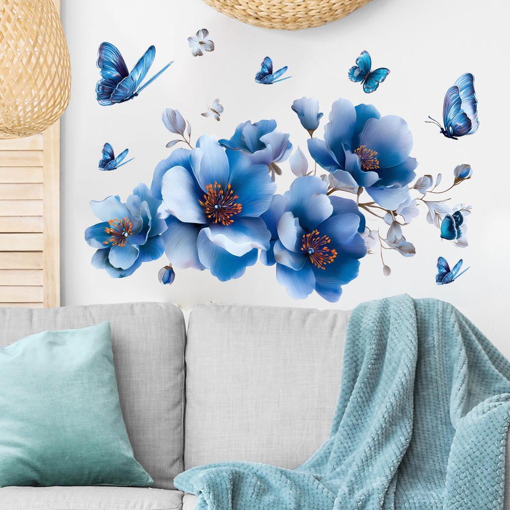 Elegant Blue Butterfly Flower Wall Sticker for Bathroom Living Room Bedroom Home Decor