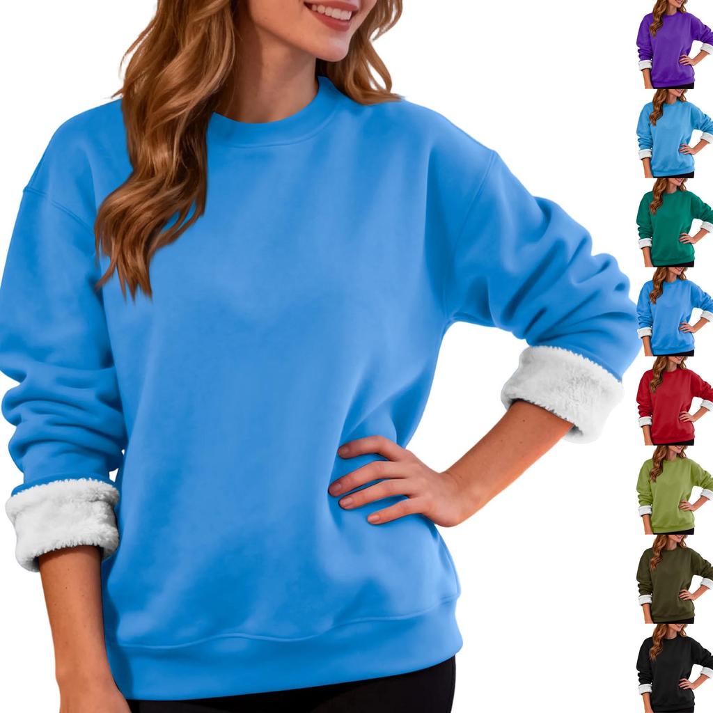 Dame Casual Mote Rundhals Genser Vinter Ensfarget Plysj Genser