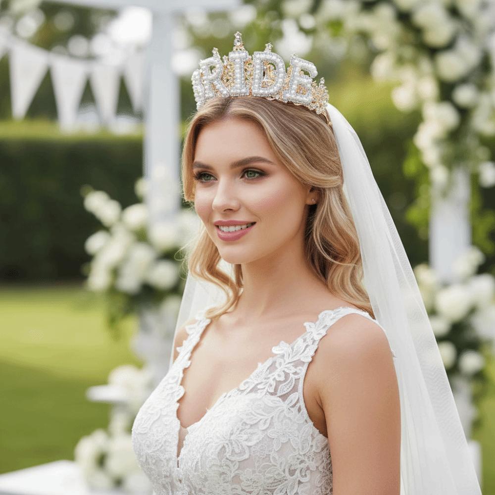 Wedding Decoration White Pearl Letter Crown Shiny Bride Tiara Zinc Zinc Alloy Rhinestone Headband Wife Gift