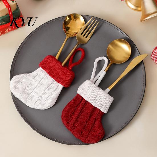 Mini Christmas Stockings Tableware Holder, Knitted Spoon Knife Fork Decorative Stocking Pendants Bag for Fireplace, Tree, Holiday Party Dinner