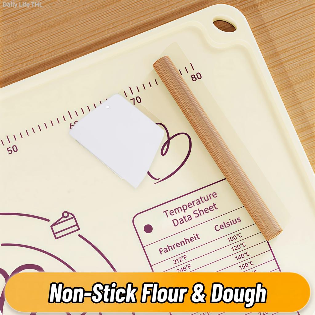 Non-Slip Silicone Baking Mat for Pastry Food-Grade Countertop Protector Extra-Large Pastry Mat with Dough Scraper Rolling Pin Storage