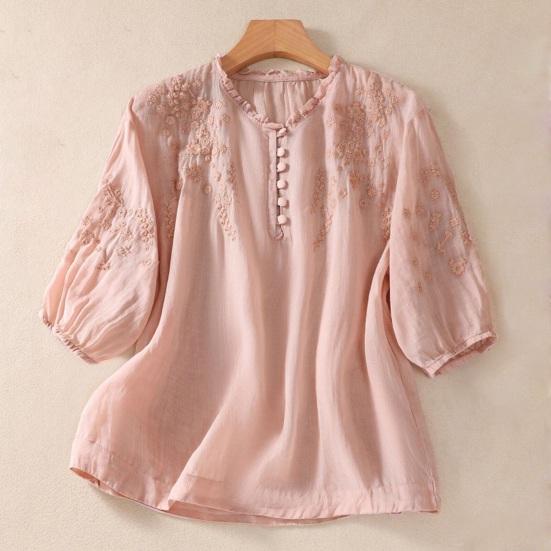 Camicia da Donna Ricamata Floreale Manica a 3/4 a Palloncino Vestibilità Larga Pullover Top Orlo Curvo Casual Estiva Blusa Traspirante Quotidiano