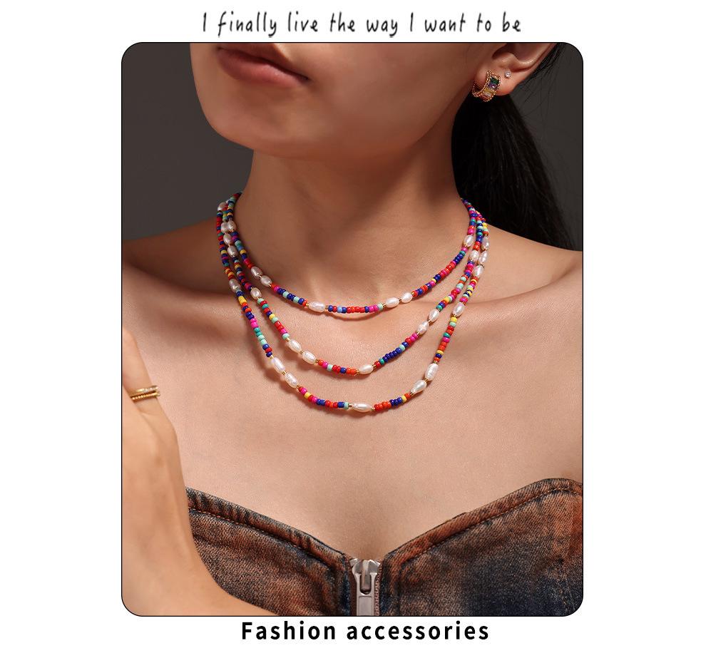 Bohemian Multi-Color Beaded Necklace with Glass Stones and Freshwater Pearls for Women