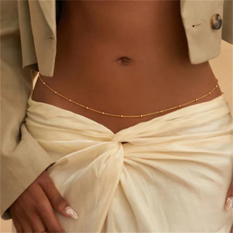 Girls Simple Beaded Belly Chains for Women Antique Gold Metal Beach Bikini Single Link Chains Waist Body Jewelry Accessory