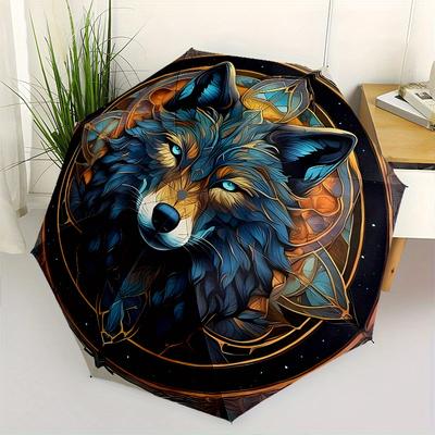 Wolf Mandala Thema Automatisches Öffnen und Schließen Regenschirm, Tragbarer Dreifach-Kleiner Regenschirm für Männer und Frauen, Geschenk0725050z