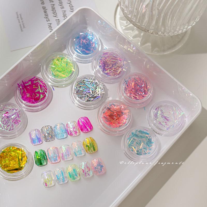 1Box Irregular Laser Glass Paper Aurora Nail Sequinscutting-Free Long Colorful Nail Stickers Diy Fingernail Decoration
