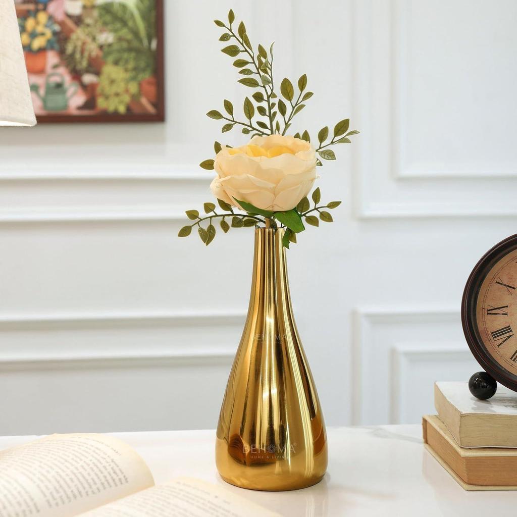 Golden Metal Flower Vase for Home Décor | Table Top Decorative Teardrop Vase for Living Room, Office & Bedroom