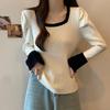 Women's Color Block Slim Fit Knitted Sweater - French Square Neck, Autumn/Winter Trendy Short Top