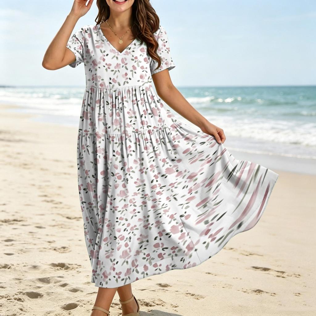 Women Casual Loose Bohemian Floral Dress Krótki rękaw Długa Maxi Summer Beach Swing Dress