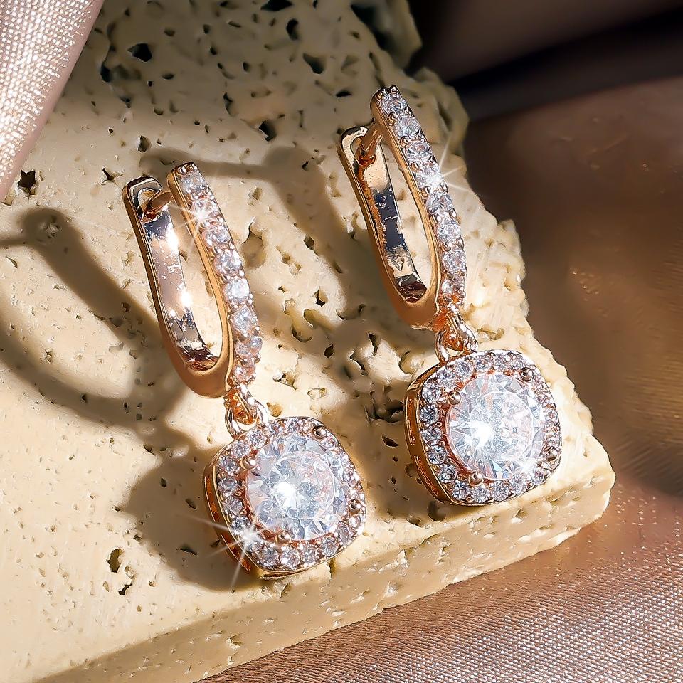 Htpwe New Trendy Square Shape Drop Earrings Brilliant Bridal Engagement Wedding Zircon Elegant Female Dangle Earring Nice Gift
